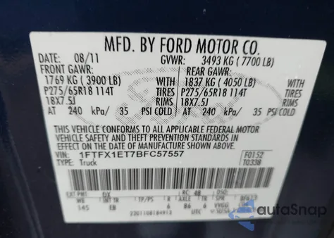 2011 Ford F-150 Lariat z USA, uszkodzony, nr VIN 1FTFX1ET7BFC57557